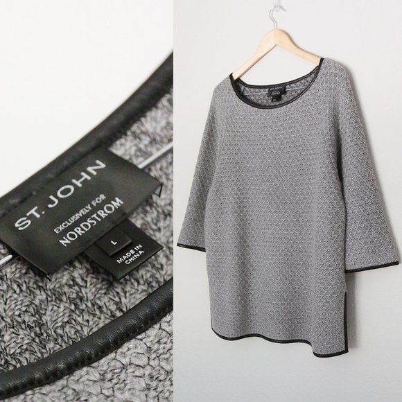 St. John Sweaters - St. John Exclusive For Nordstrom Wool Leather Trim Knit Sweater L Gray Black